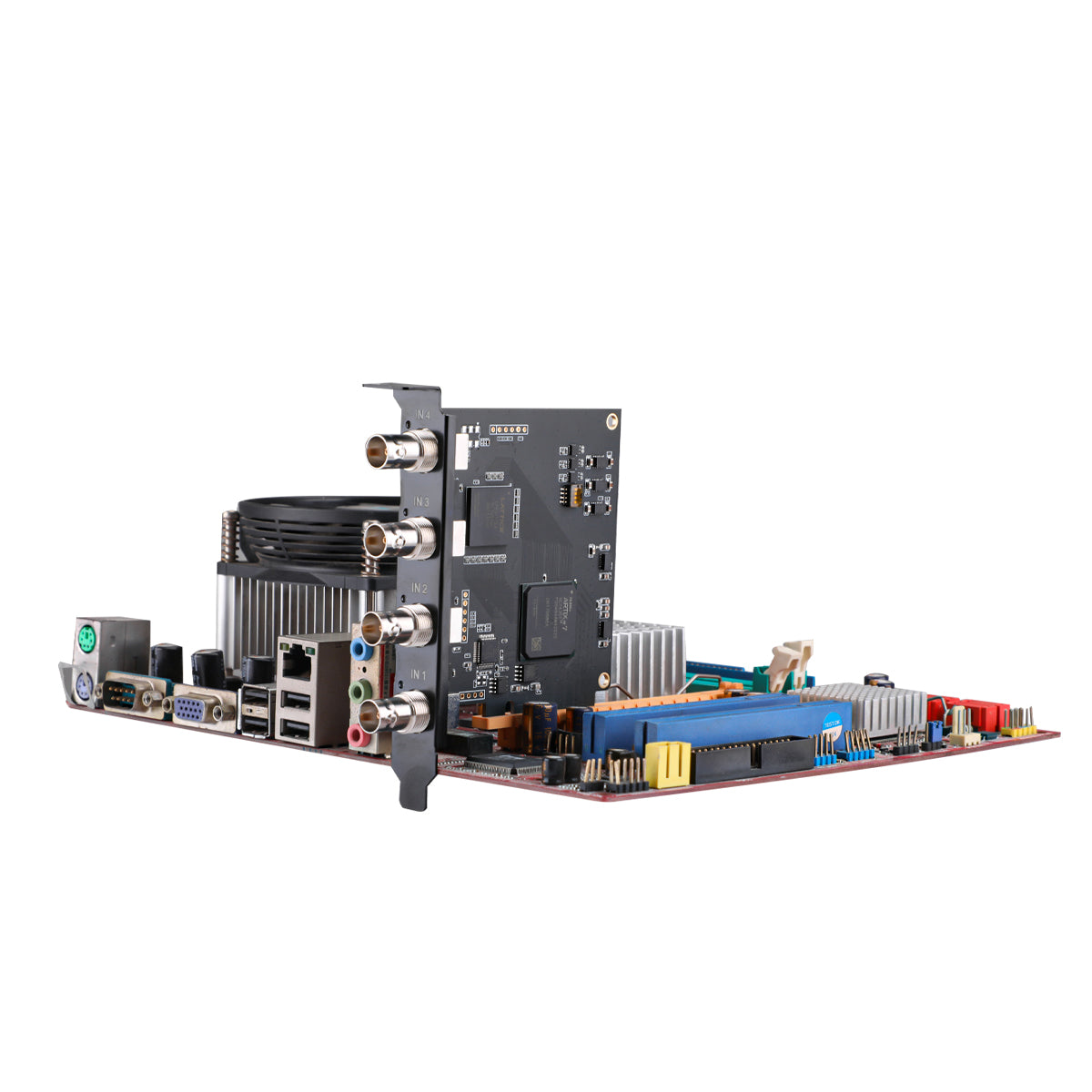 PCIe SDI capture card installed in computer motherboard slot