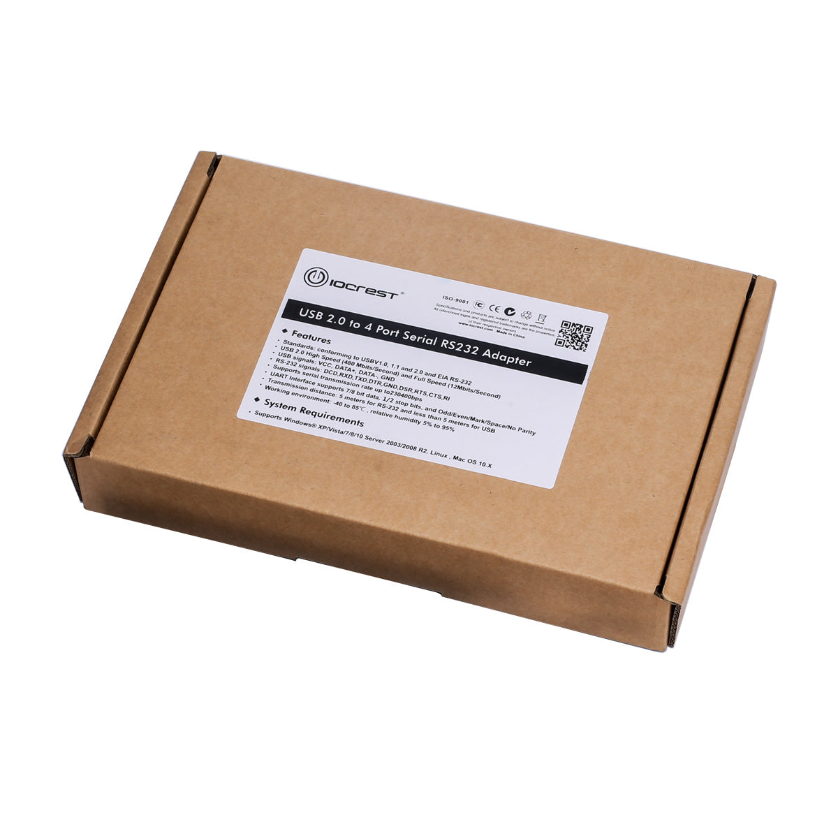 USB to RS232 adapter retail packaging with product specifications