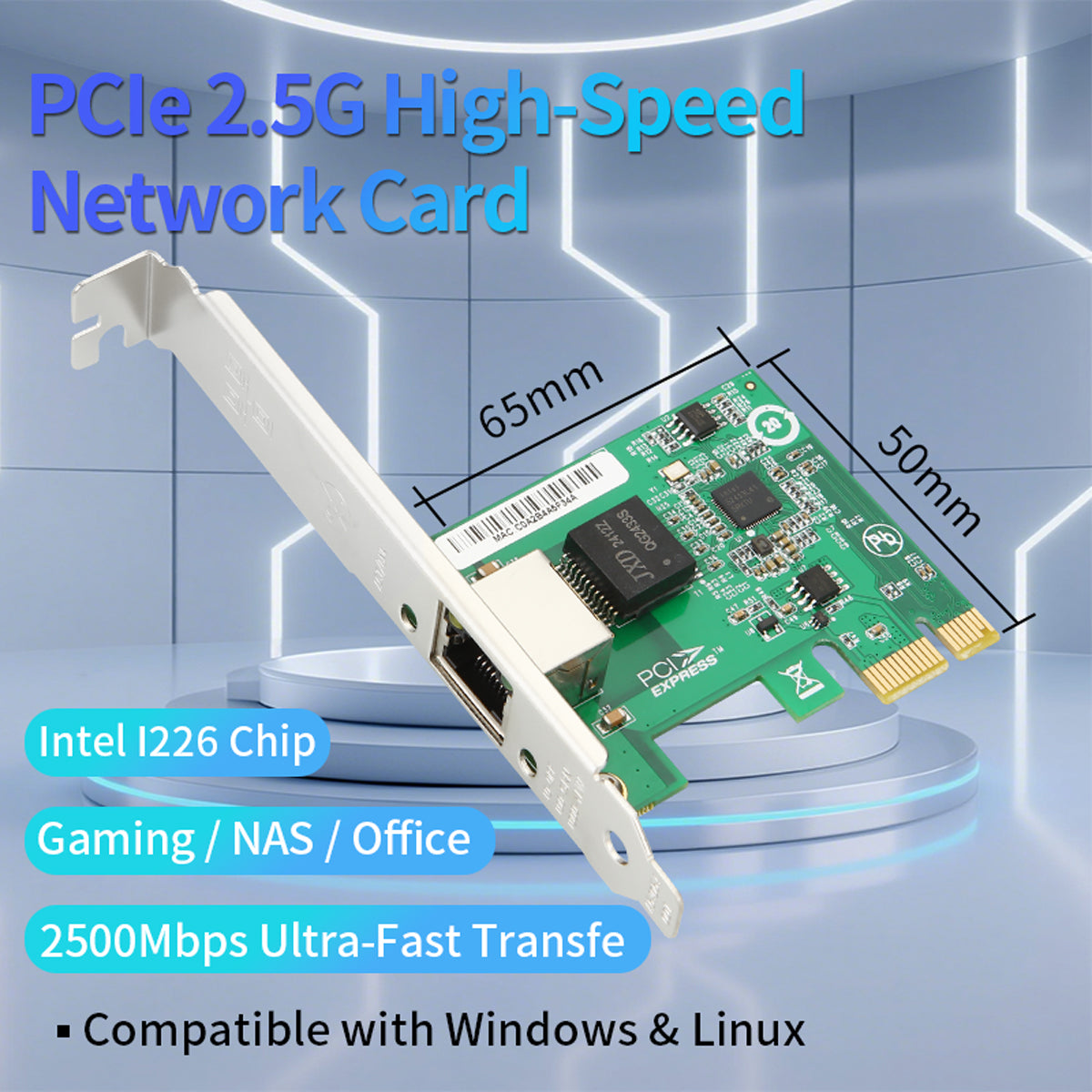 Lekuo 2.5G PCIe network card with Intel I226 chip - front view showing circuit board and connector