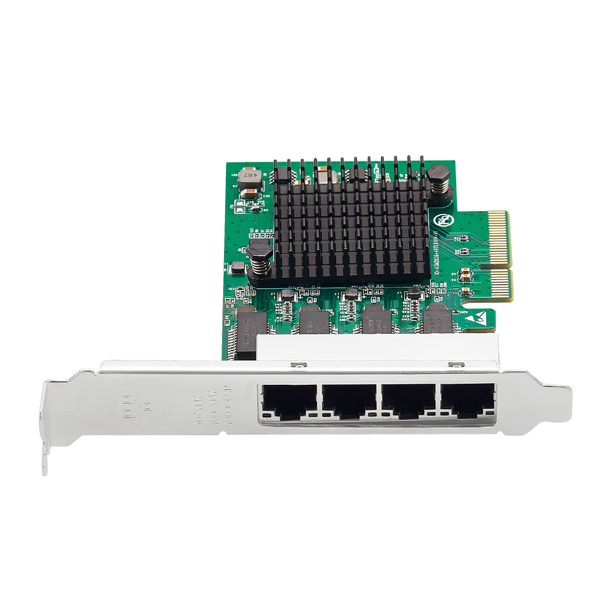 Close-up view of four gigabit ethernet ports on network adapter