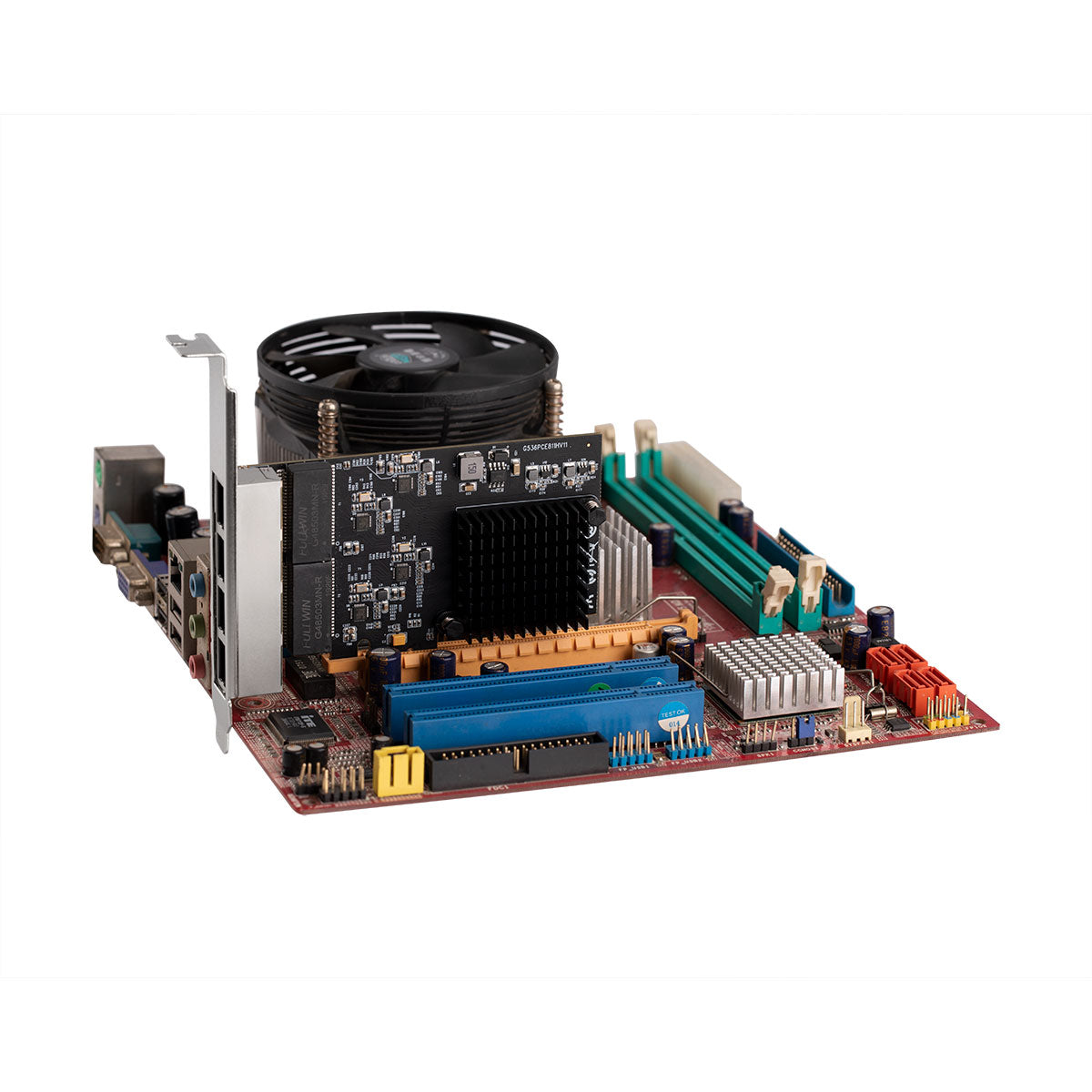 PCIe Ethernet card installed in computer motherboard slot