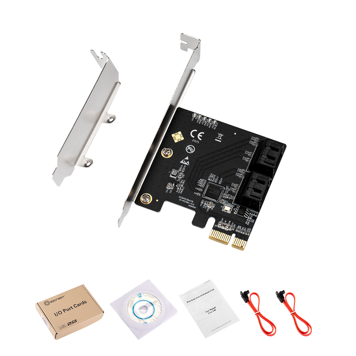 PCIe to SATA card retail packaging and included accessories