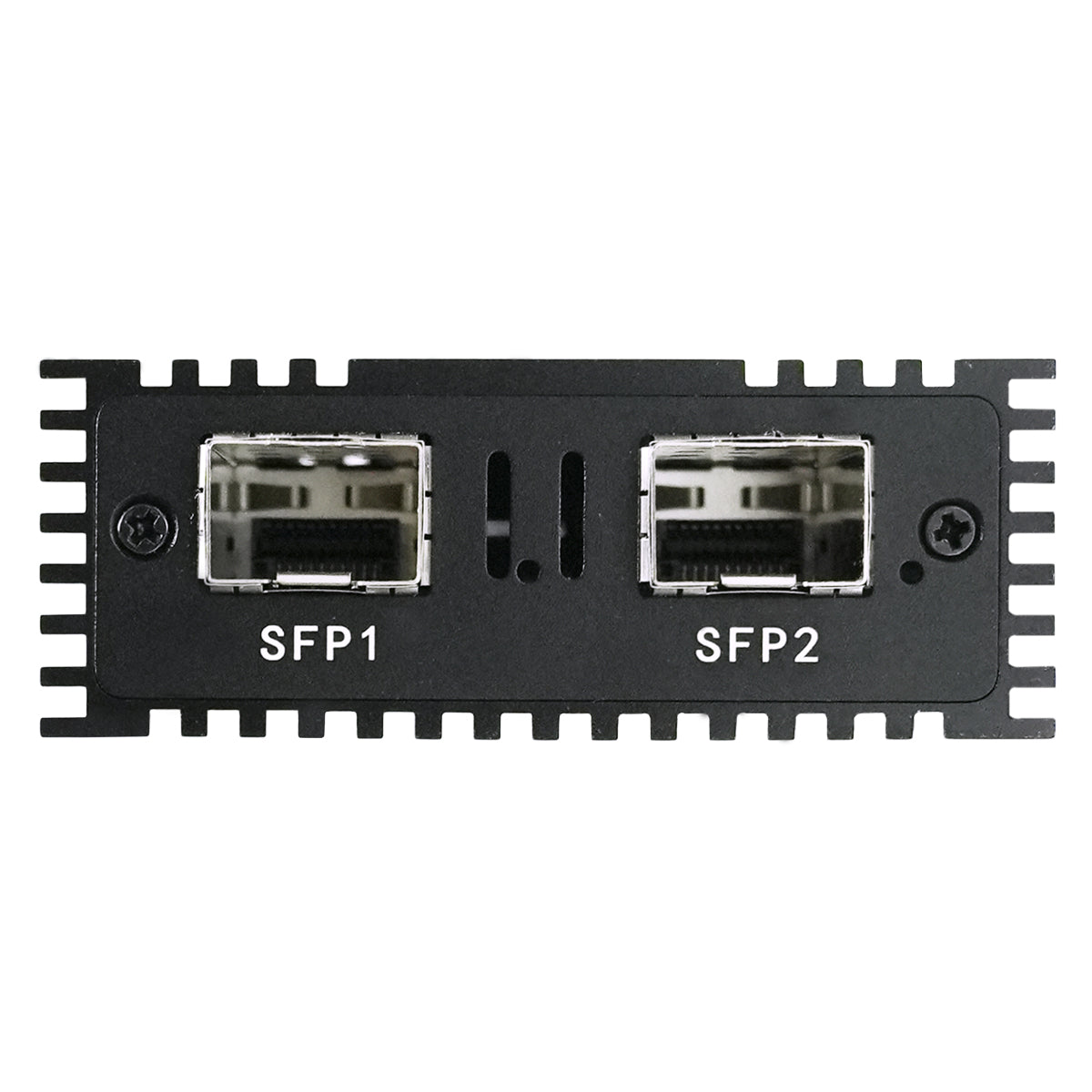 Close-up view of dual SFP+ fiber optic ports on network adapter
