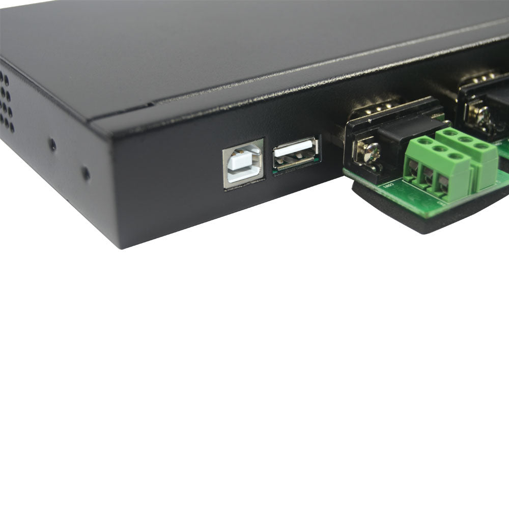 Close-up view of USB connector and 8 RS422/485 serial ports on communication adapter