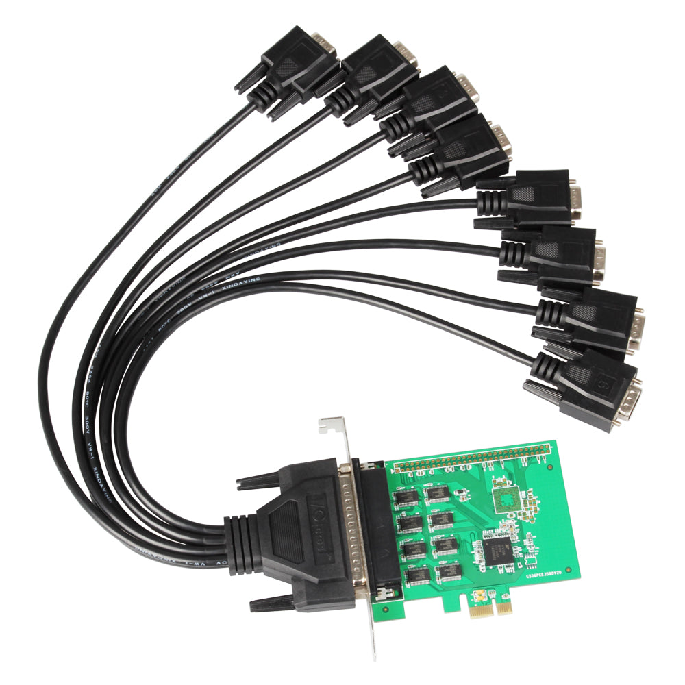 PCIe 8-port RS-232 serial controller card with DB9 connectors and fan out cable