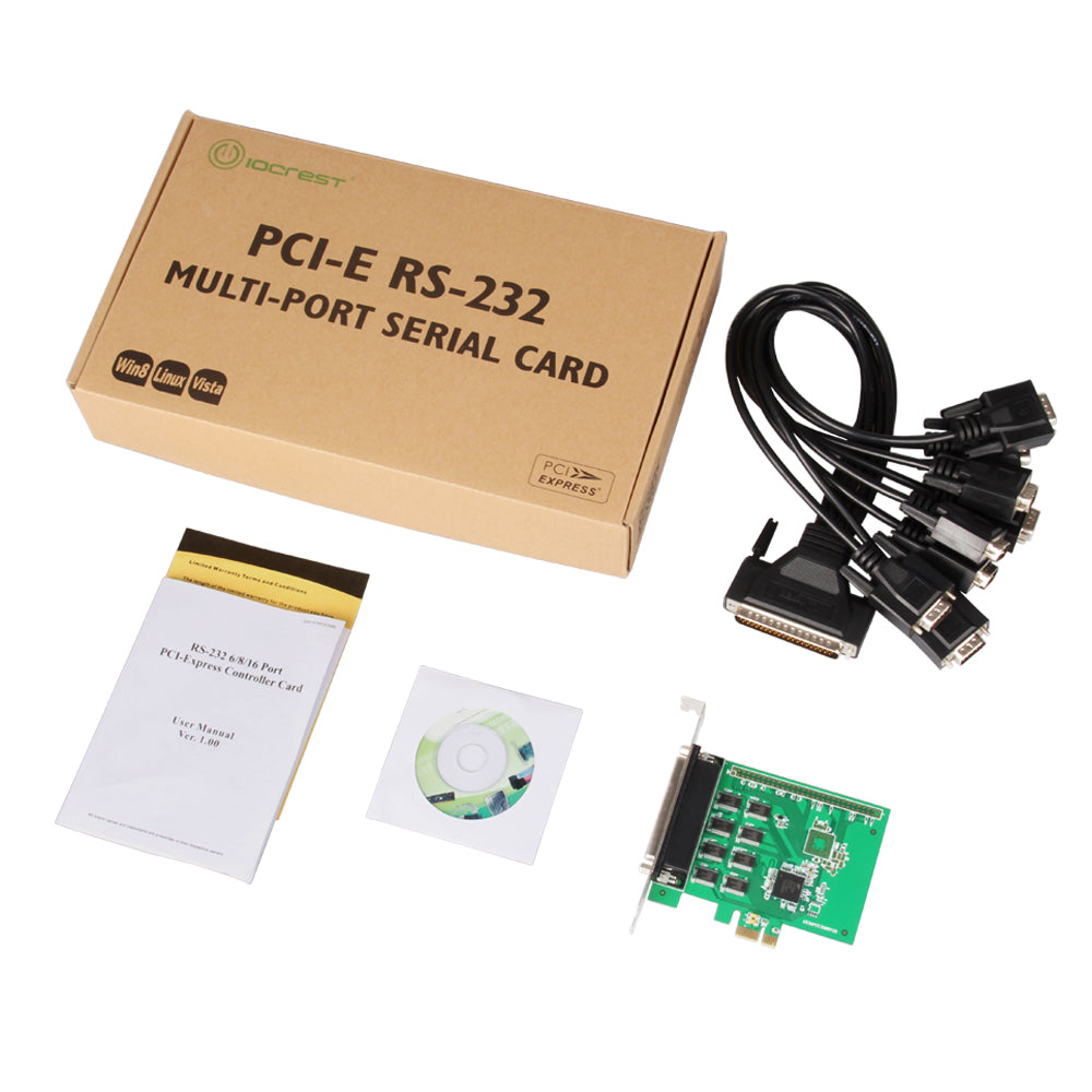 PCIe serial controller card package contents including fan out cable and accessories
