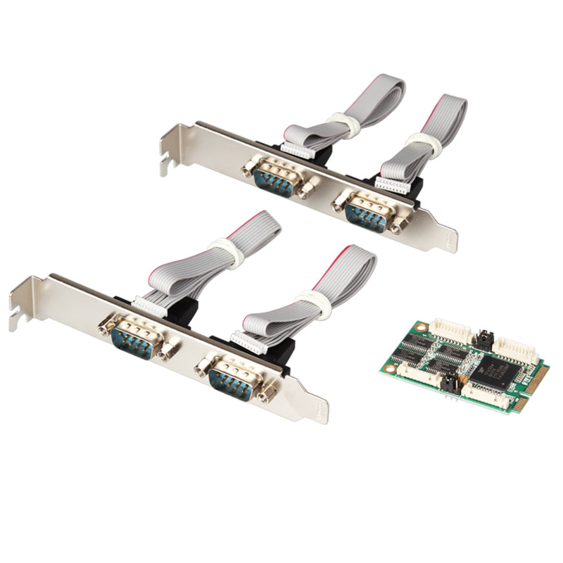 Close-up view of Mini PCIe serial card showing RS-232 connector ports