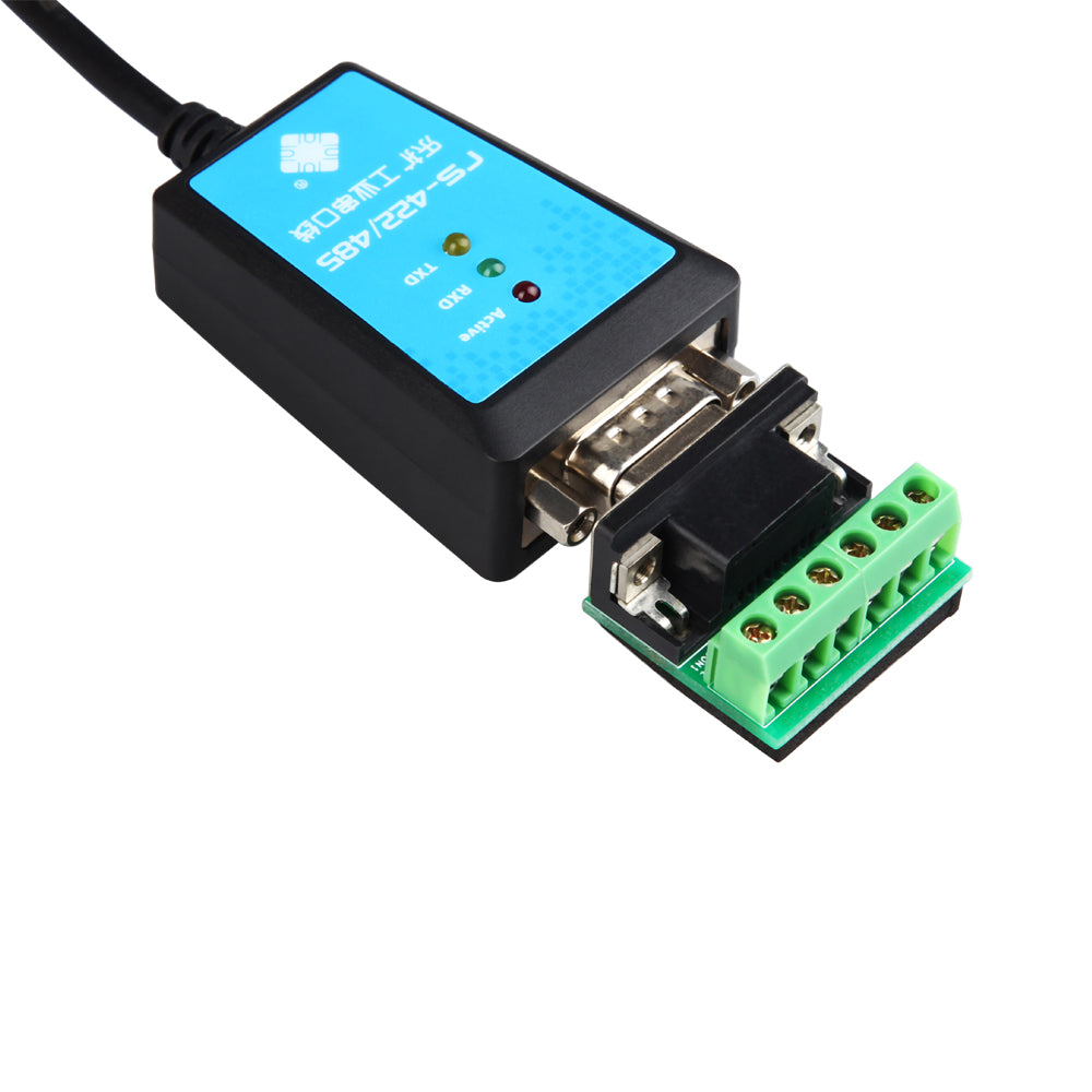 Close-up view of USB connector and RS422/485 terminal connections