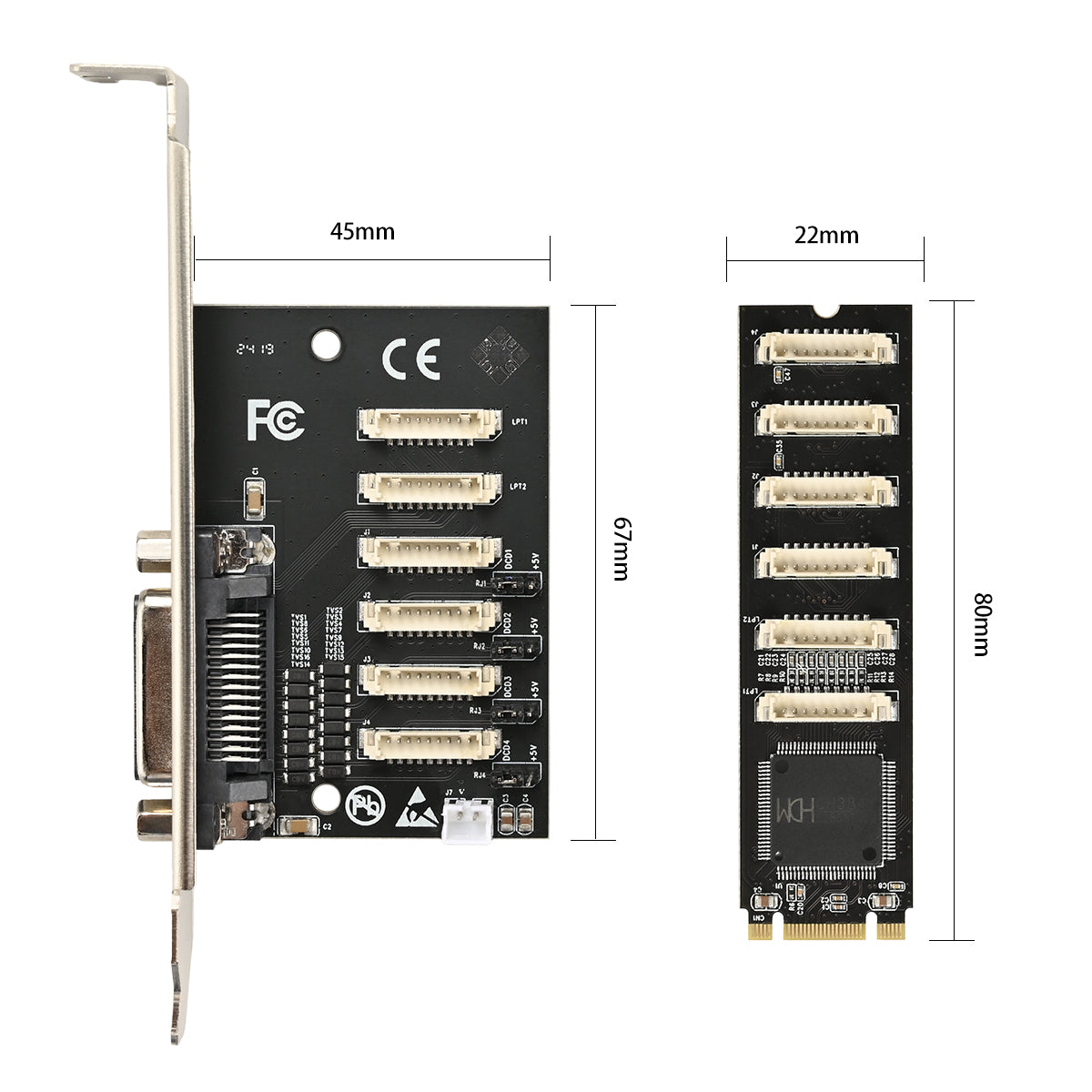 Close-up view of M.2 M+B Key connector and 4 RS232 serial ports