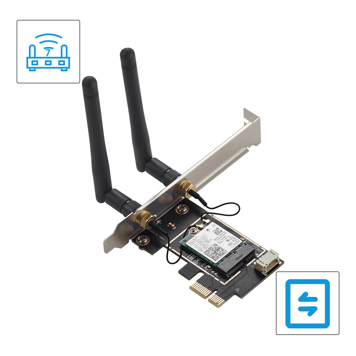 WiFi 7 PCIe network card IO-PCE200-WB7 with dual antennas and gold-plated connectors