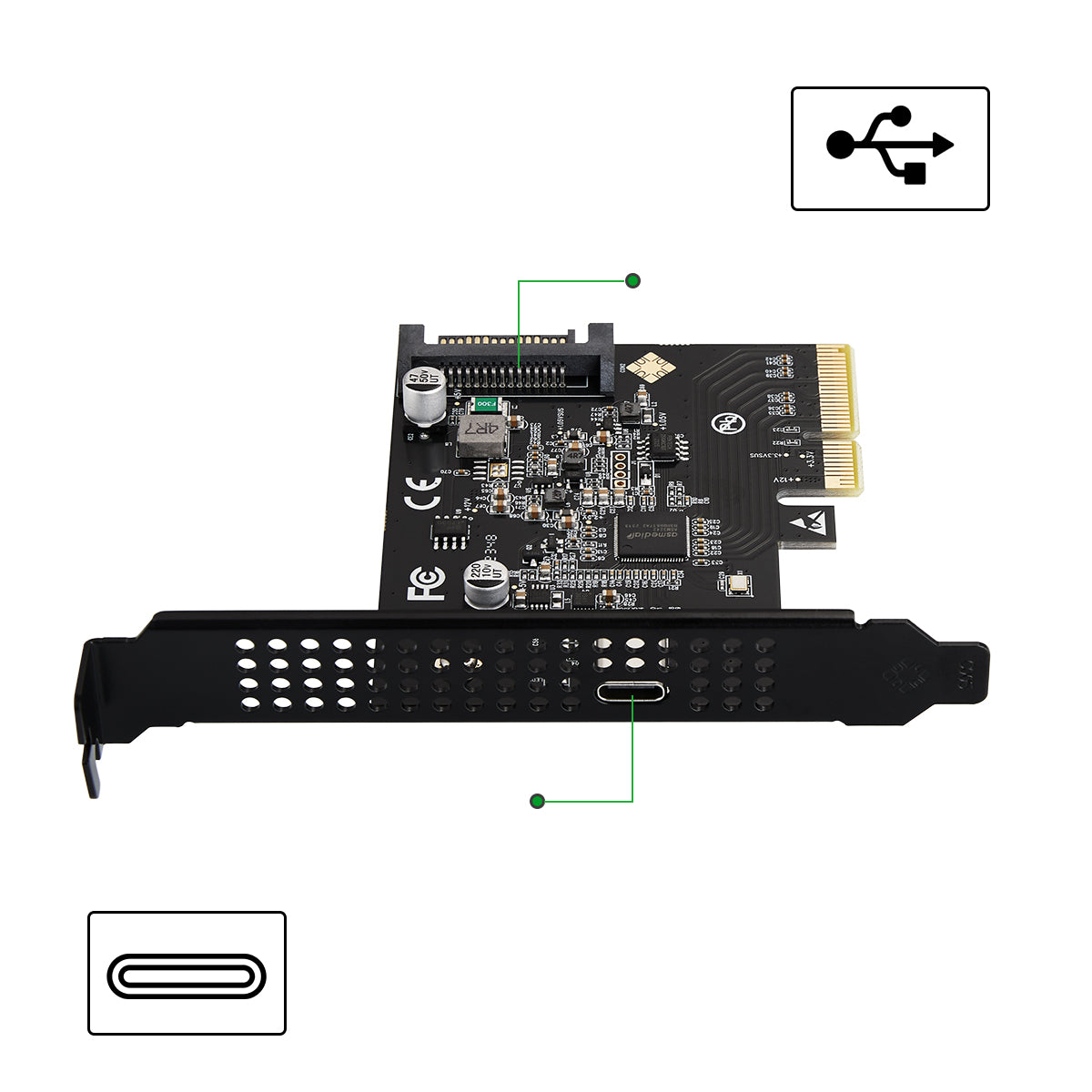 PCIe to USB3.2 Type-C Host Controller Card - Front View