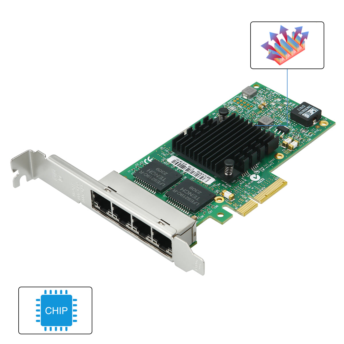 Lekuo 4-port PCIe Gigabit Ethernet network card with Intel 350 chip, front view showing RJ45 ports