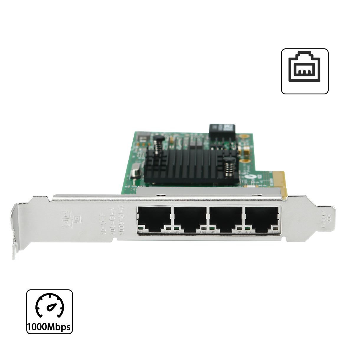Close-up view of four Gigabit Ethernet RJ45 ports on PCIe network card