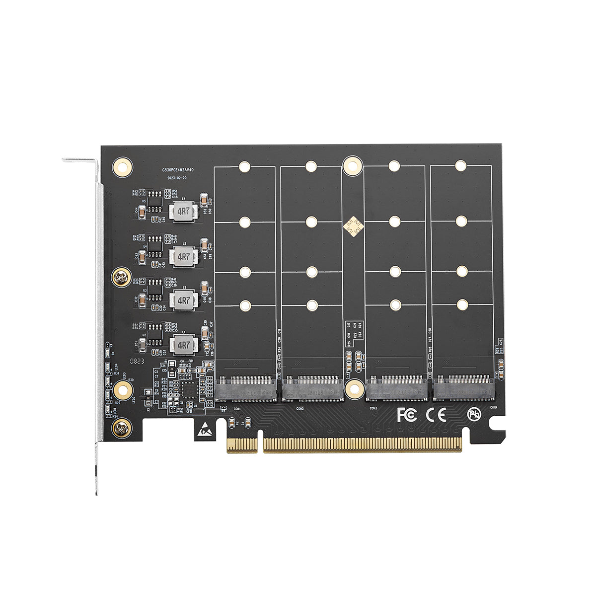 Close-up view of four M.2 2280 NVMe SSD slots on PCIe adapter card