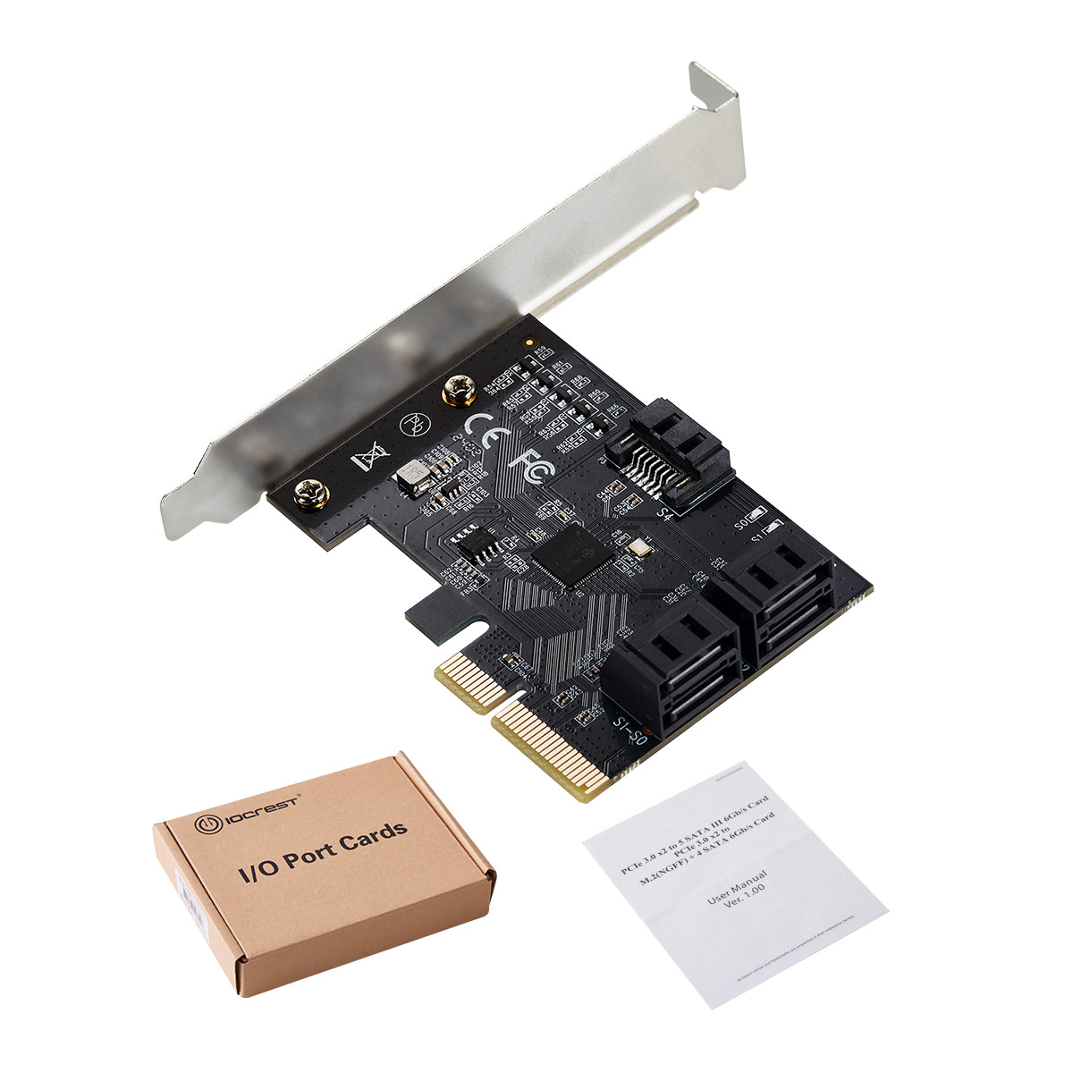 PCIe SATA expansion card retail packaging and included accessories