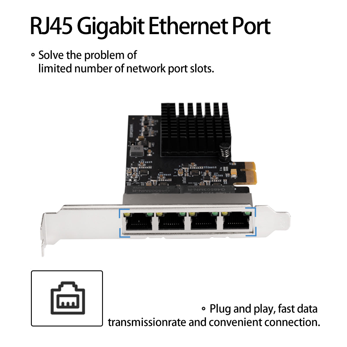 Four RJ45 Gigabit Ethernet ports on network expansion card