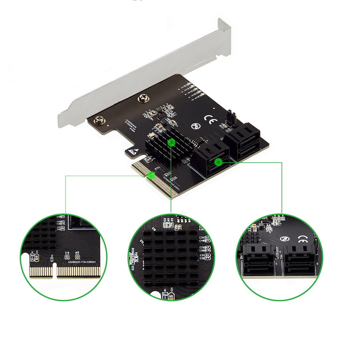 Close-up view of 4 SATA 6Gbps ports on PCIe RAID controller card