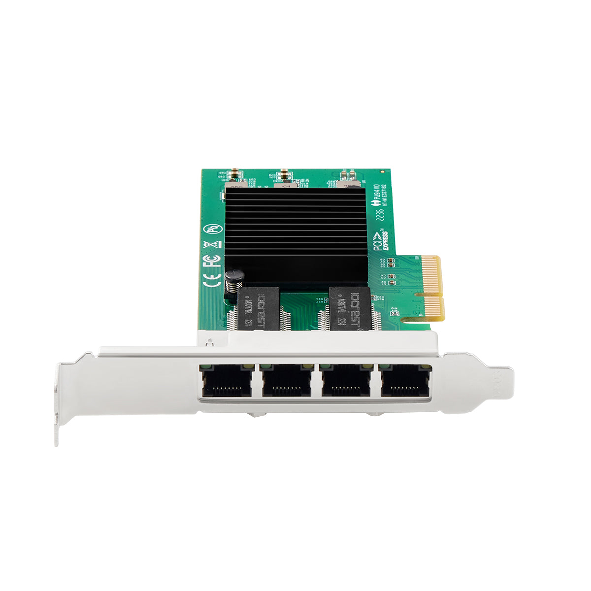 Close-up view of 4 Gigabit Ethernet RJ45 ports on network card"