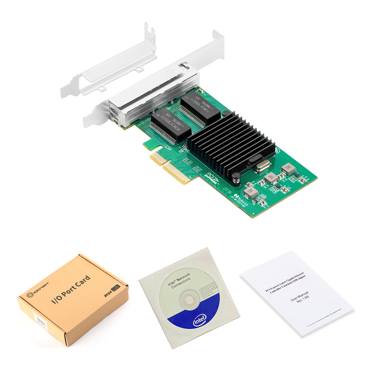 PCIe 4-port Ethernet network card retail packaging