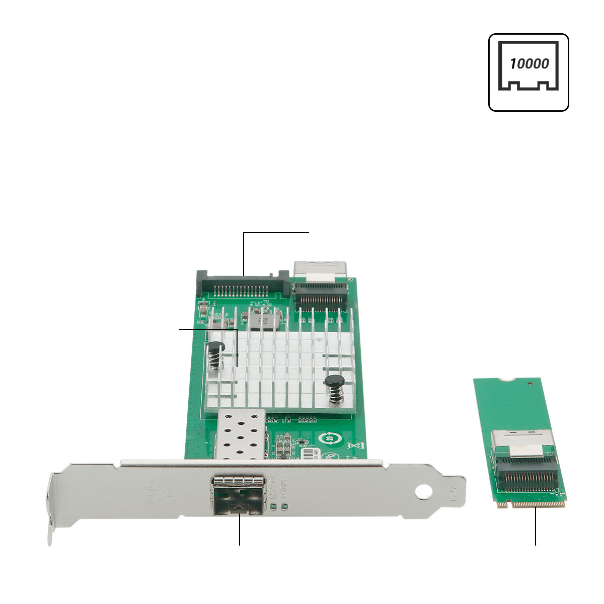 Close-up view of M.2 to SFP+ network card showing connector pins