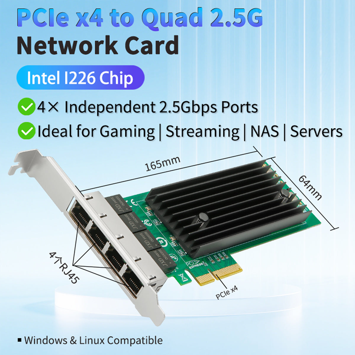 Close-up view of four RJ45 ethernet ports on Lekuo 2.5G network adapter