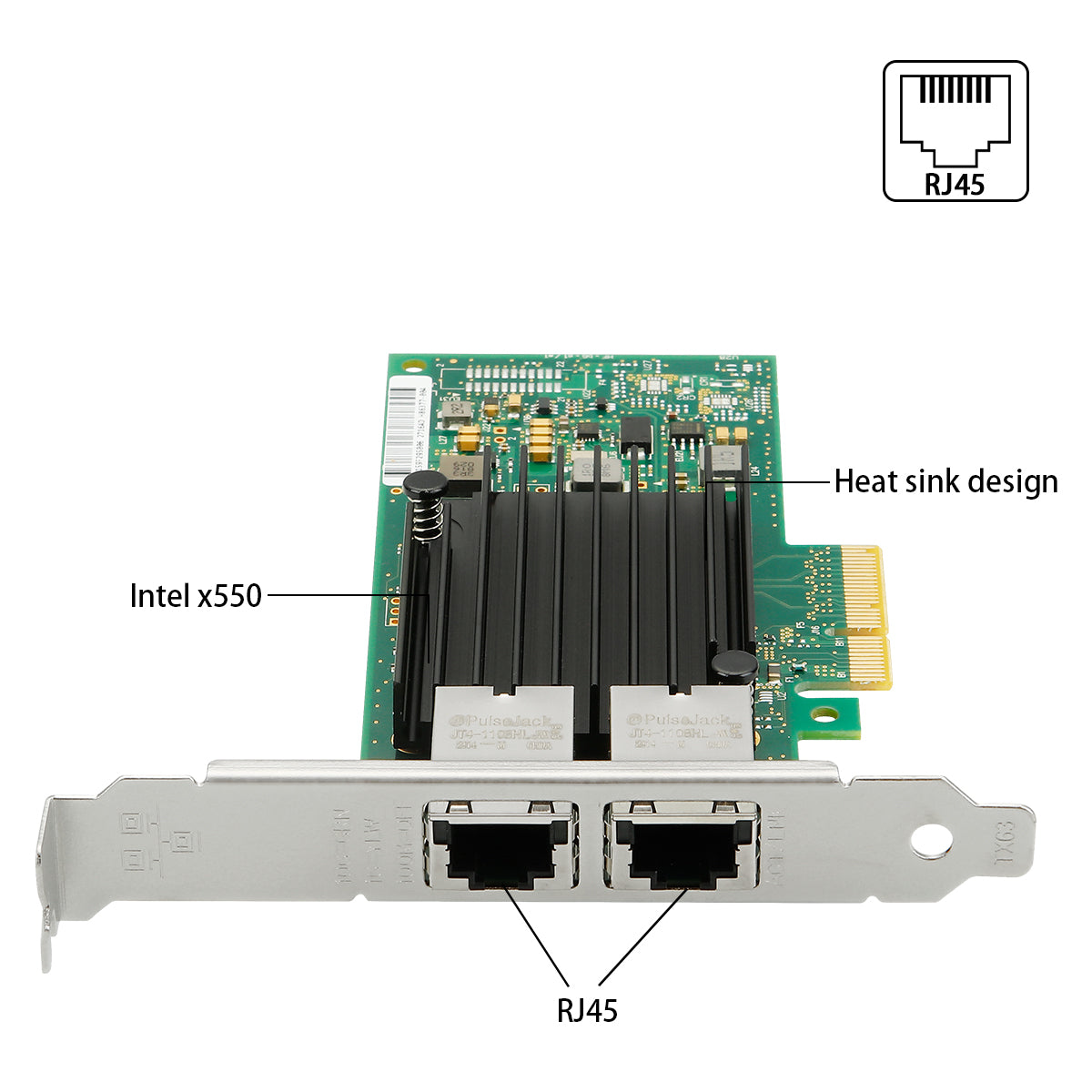 Close-up view of four RJ45 10G Ethernet ports on X550-T2 network adapter
