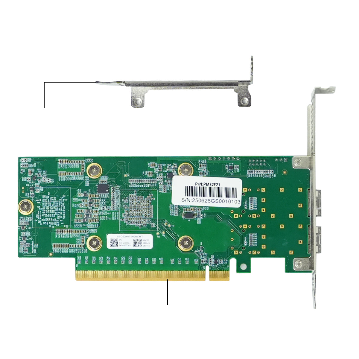 Network adapter back panel with PCIe x16 connector and mounting bracket