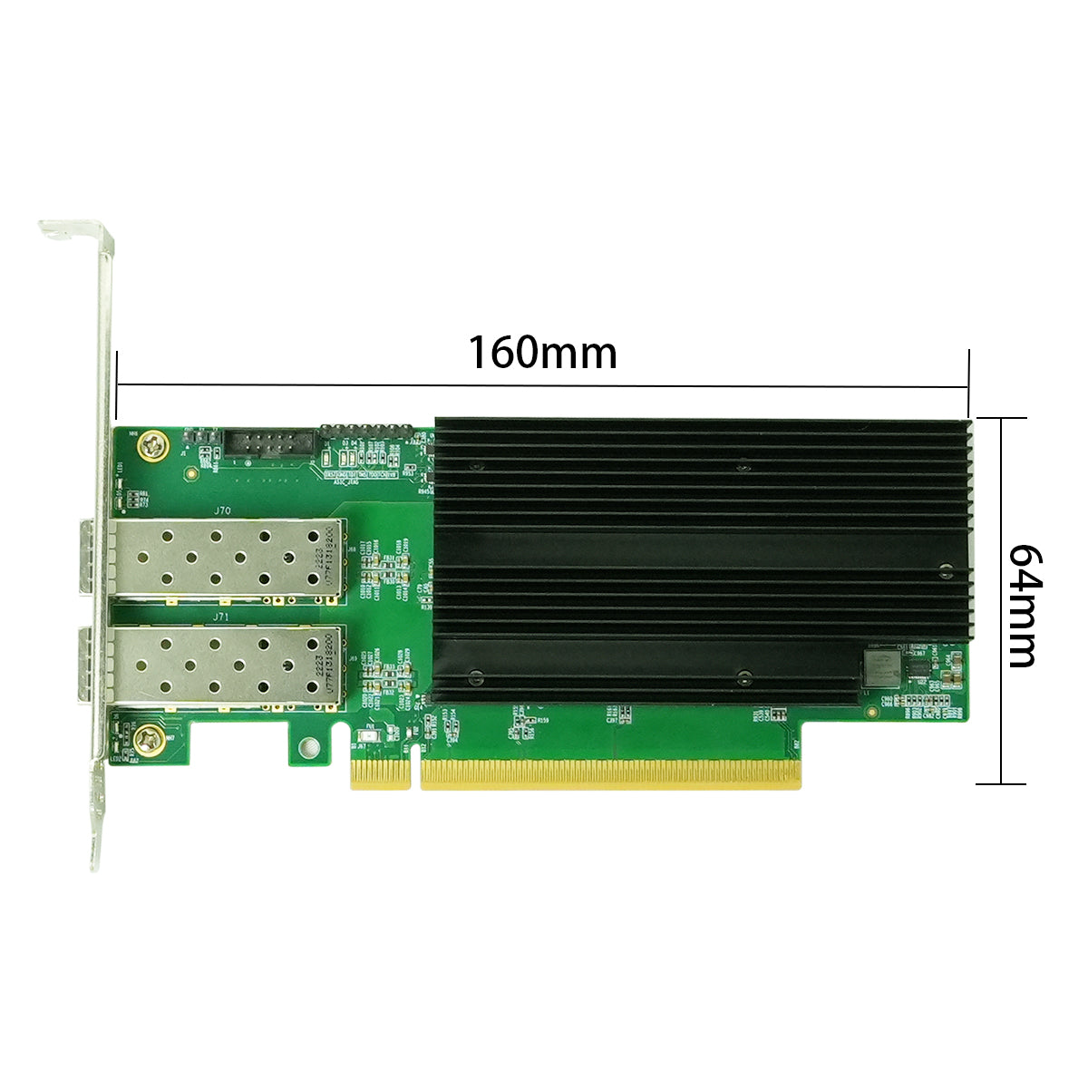 PCIe x16 network adapter side profile showing dual SFP28 ports