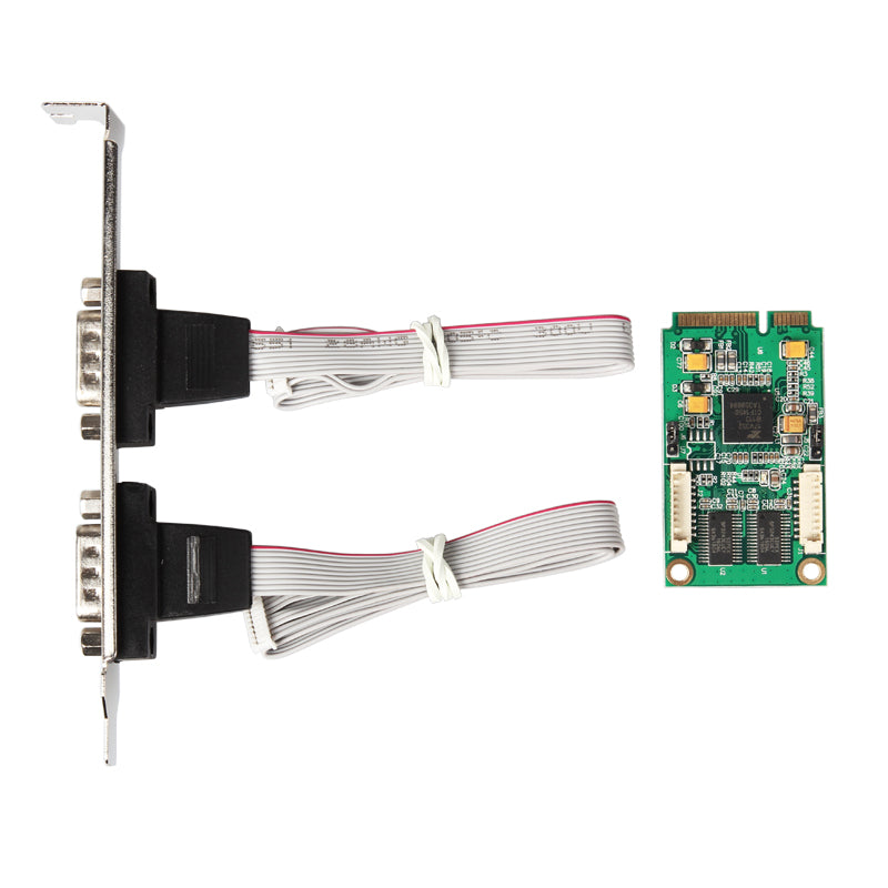 Close-up view of dual RS-232 serial ports on Mini PCIe card