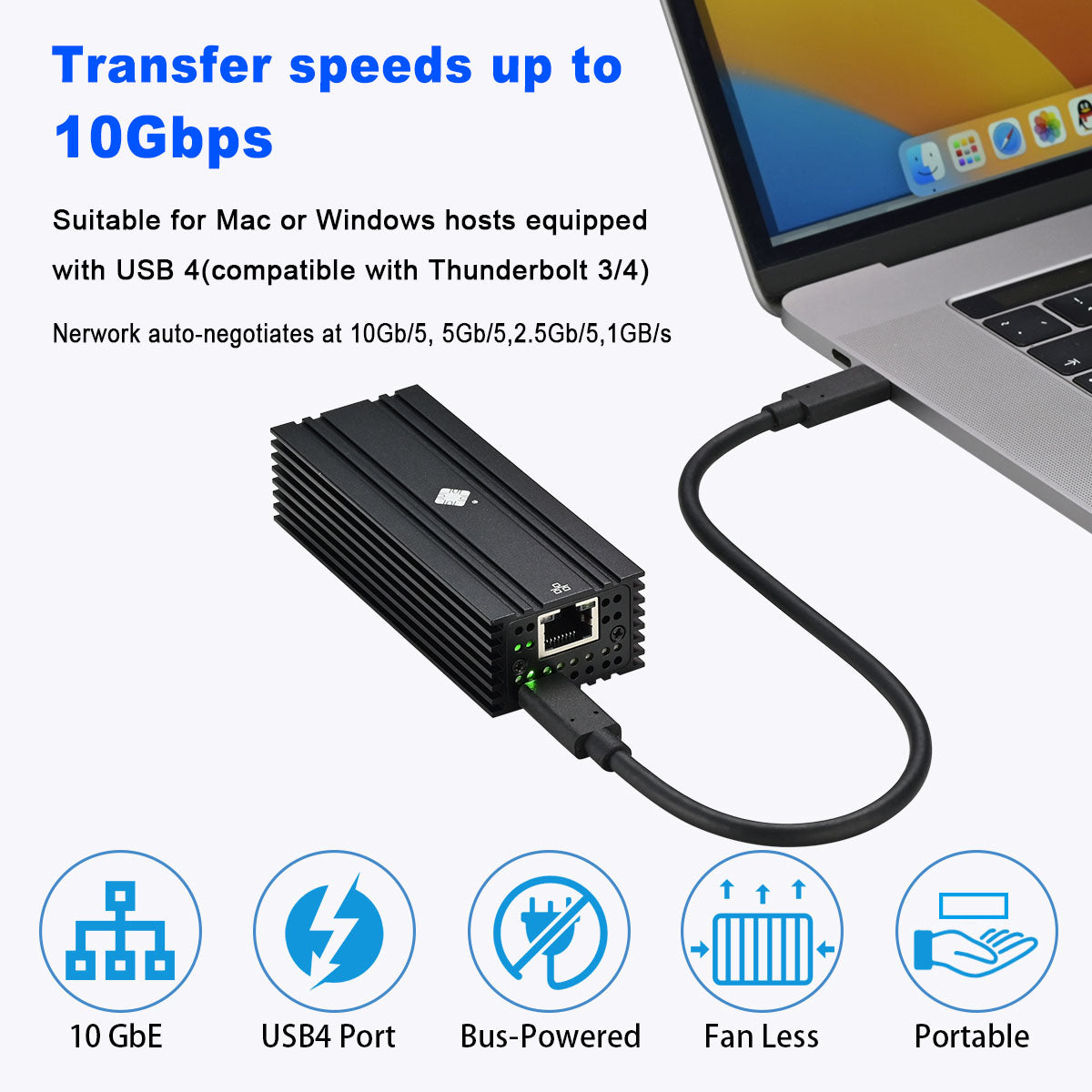 USB4 Ethernet Adapter connected to laptop showing network setup
