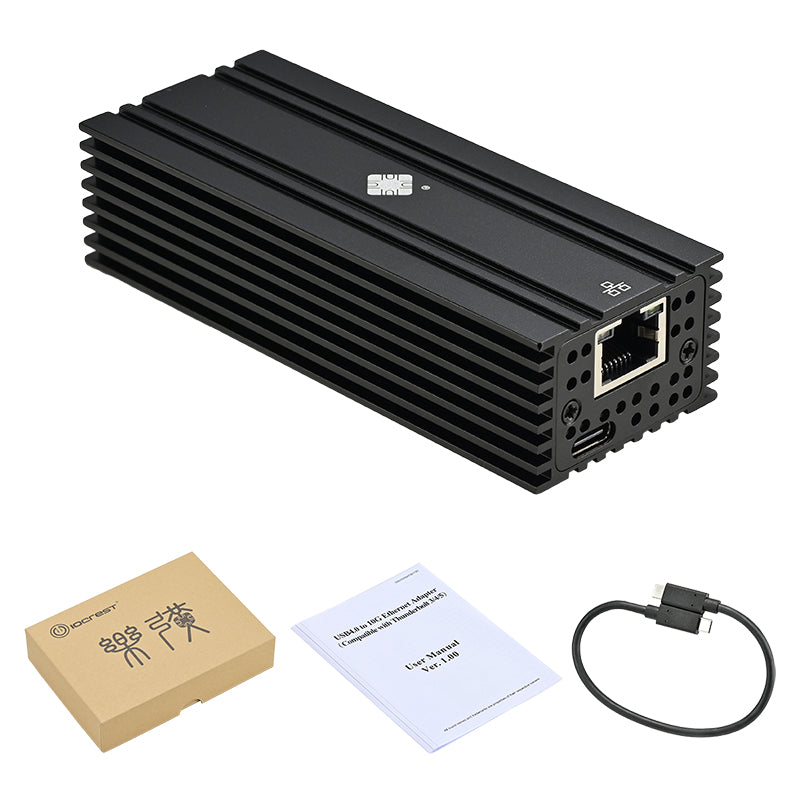 USB4 Ethernet Adapter with included accessories and cables