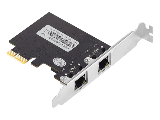 Close-up view of PCIe ethernet card showing dual RJ45 connectors