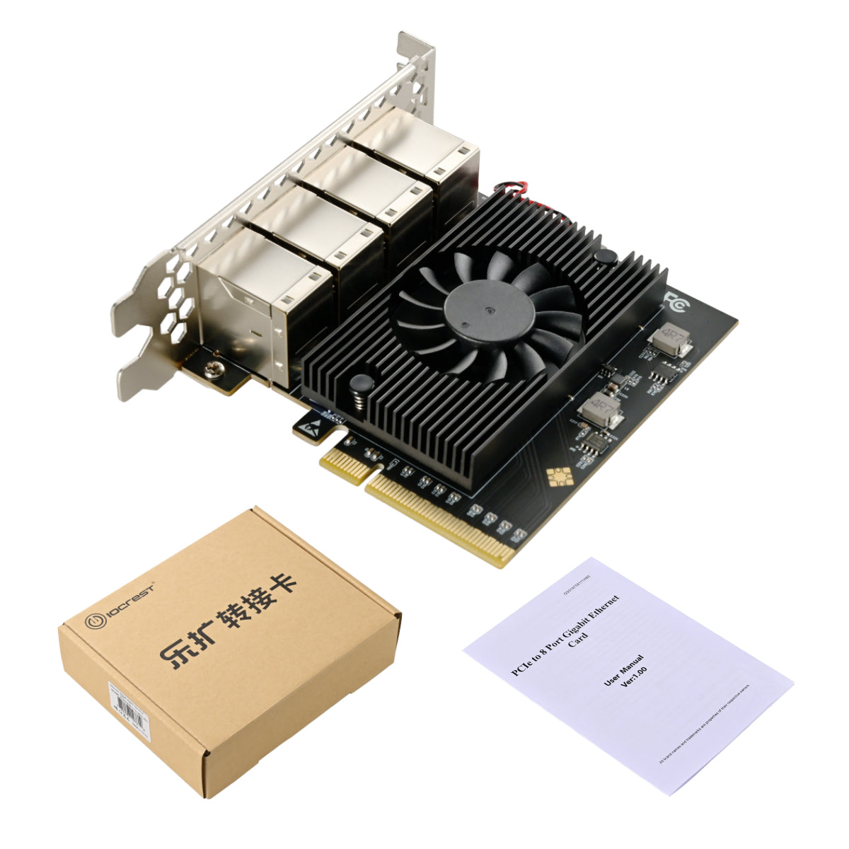 Complete package contents of PCIe 8-port Ethernet card with accessories