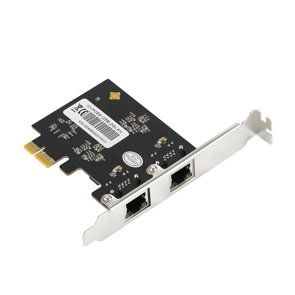 Close-up view of PCIe ethernet card showing dual 2.5G network ports and circuit board