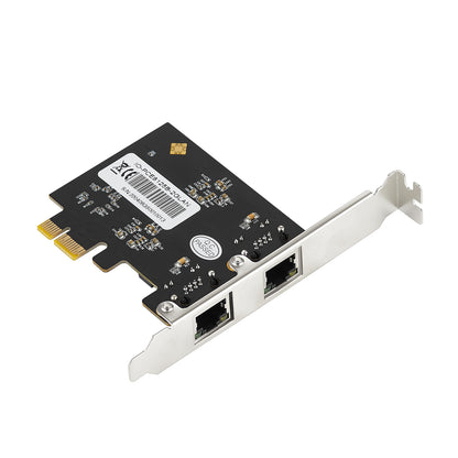 Close-up view of PCIe ethernet card showing dual 2.5G network ports and circuit board