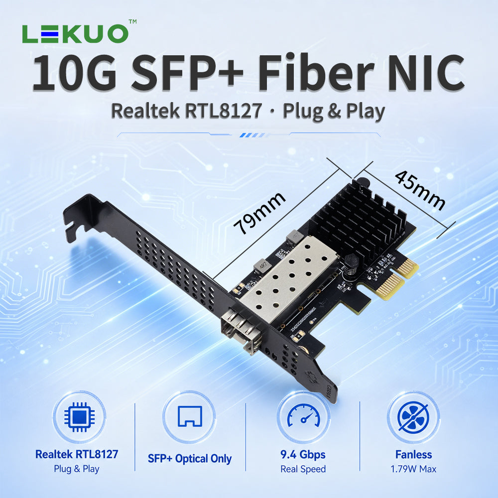 Lekuo PCIe 10G SFP+ Network Card | Realtek RTL8127 | Ultra-Low 1.79W, Fanless