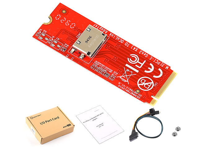 Complete package contents including M.2 adapter card, Oculink cable, and user manual