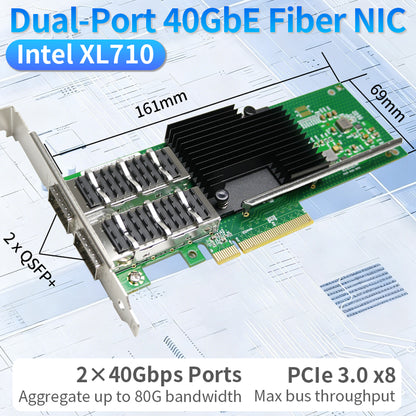 Intel XL710-T2 network card with dual QSFP+ ports and PCIe x8 interface