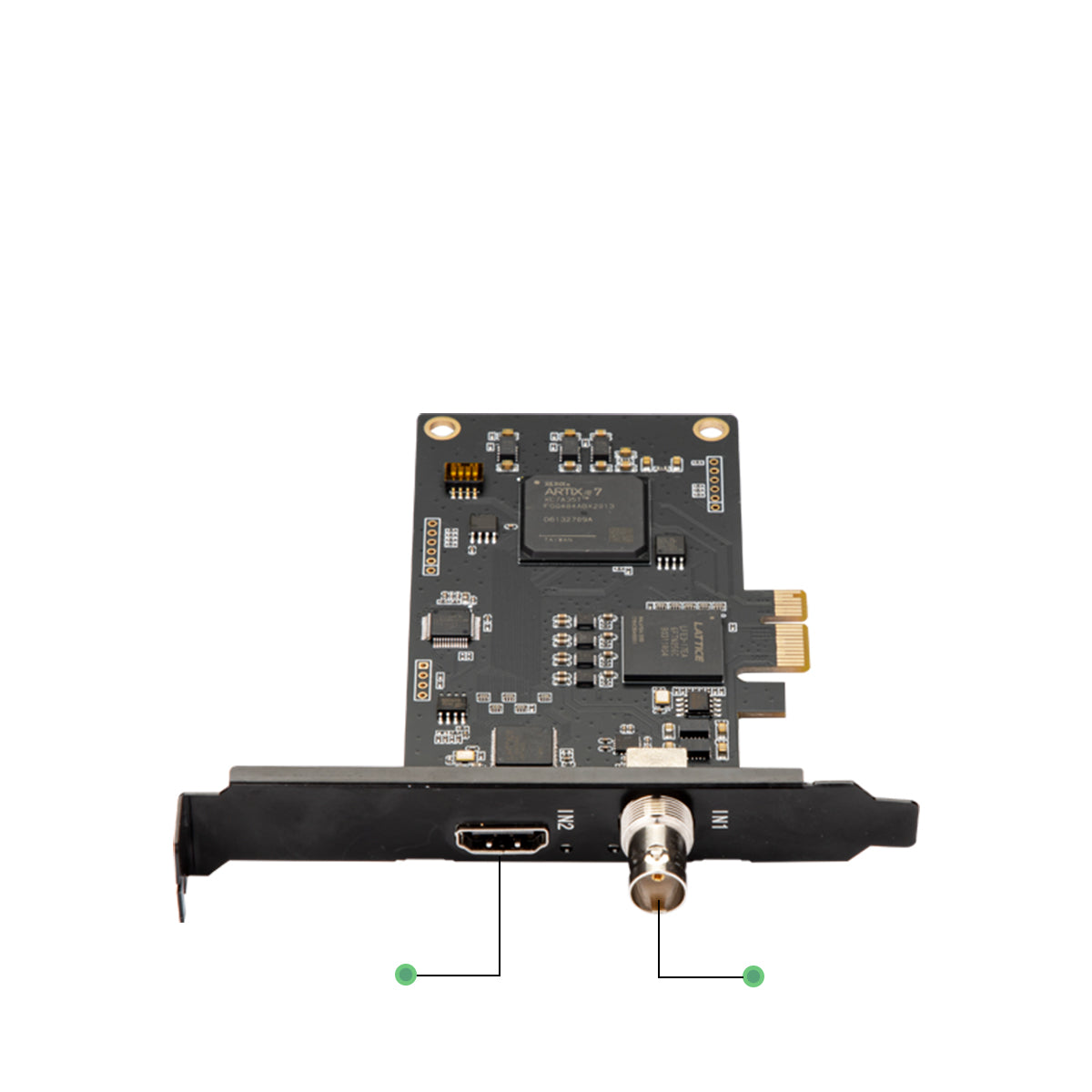 Professional SDI HDMI 2-channel capture card front view showing input ports and LED indicators