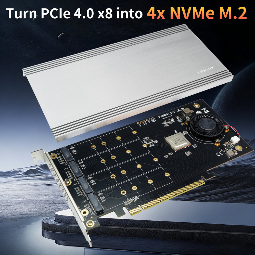 PCIe NVMe adapter card installed with four M.2 SSDs in workstation