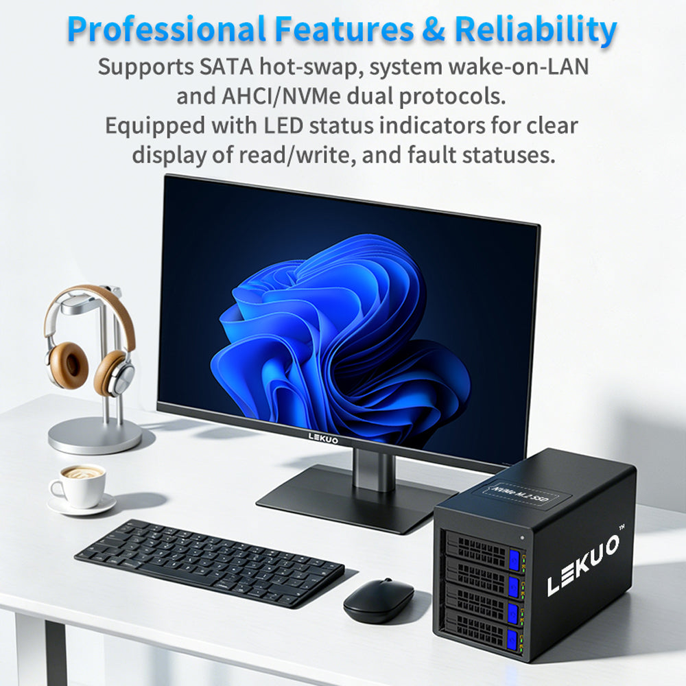 Lekuo USB4/TB3 enclosure showing 1 NVMe M.2 SSD slot and 4 SATA HDD bays