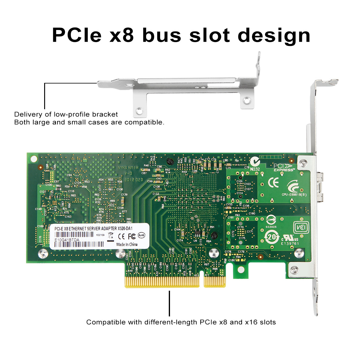 PCIe x8 10G Ethernet card packaging and included accessories