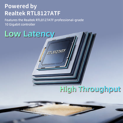 Close-up of RJ45 10GBASE-T Ethernet port with LED indicators on Lekuo network card