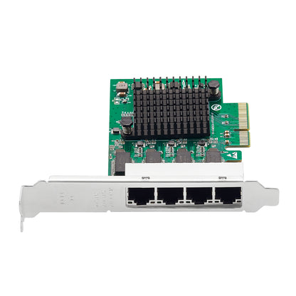 Close-up view of four gigabit ethernet ports on network adapter