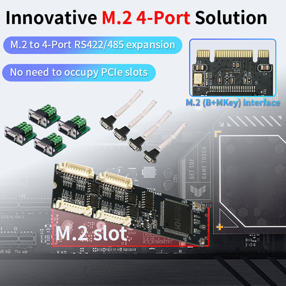 Lekuo M.2 B+M Key 4-Port RS422/RS485 Serial Card, Industrial Multi-Port UART Expansion Adapter for Embedded Systems
