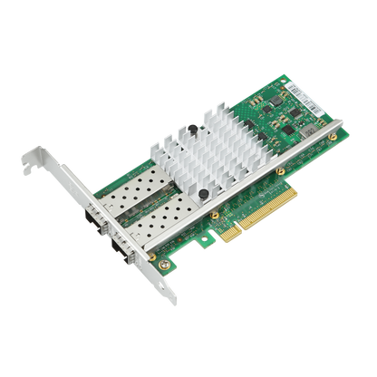 Close-up view of SFP+ ports on 10G Ethernet network adapter