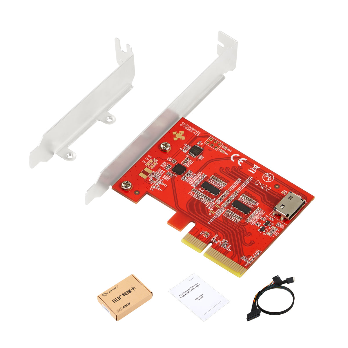 PCIe Gen4 Oculink adapter package contents including cable and manual