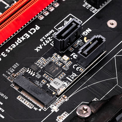 M.2 SATA card installed in motherboard slot showing dual SATA connectors