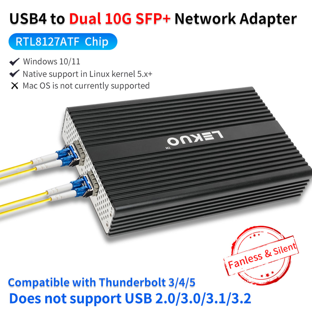 Lekuo USB4 to Dual-Port SFP+ Network Adapter – 10G, USB4 & Thunderbolt Compatible for Laptop & NAS