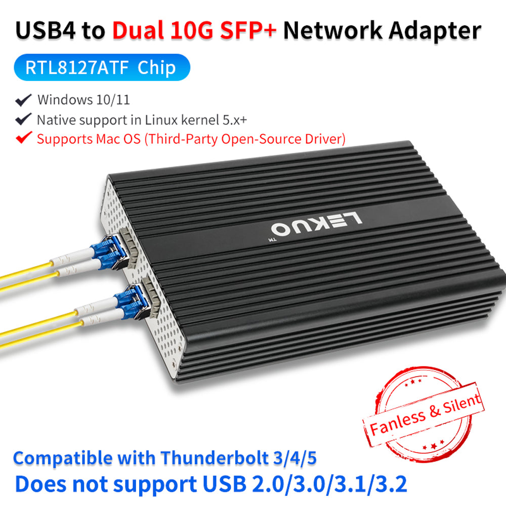 Lekuo USB4 to Dual-Port SFP+ Network Adapter – 10G, USB4 & Thunderbolt Compatible for Laptop & NAS